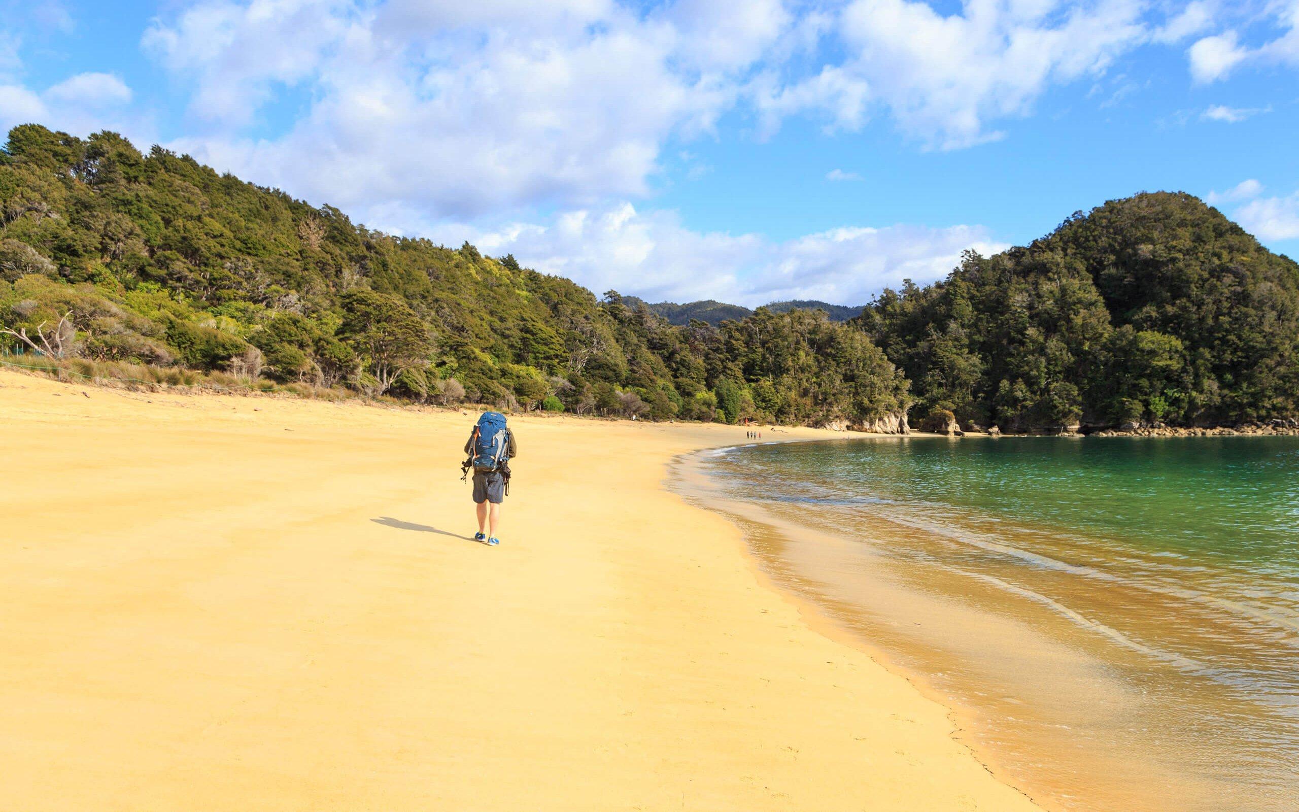 Hiker walking at Anchorage Bay in Abel Tasman National Park