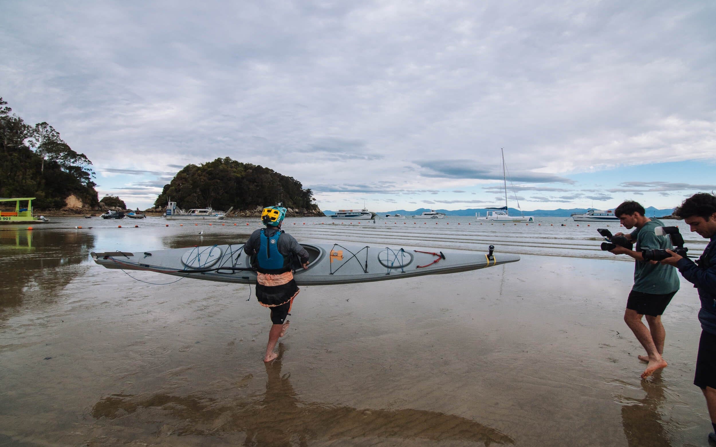Matt Fairbrother sets off from Kaiteriteri beach to kayak across Tasman Bay.