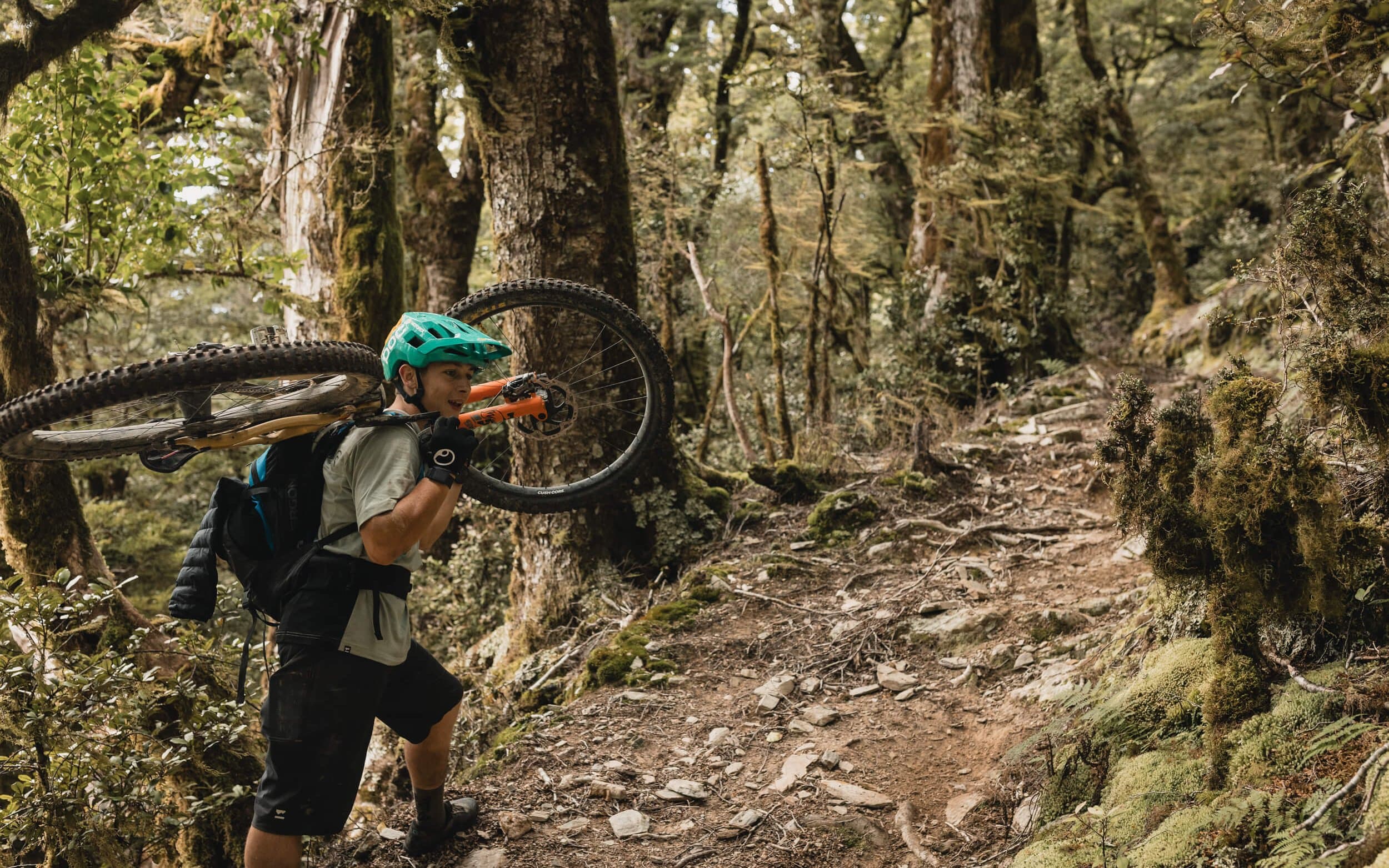 Matt Fairbrother carries his bike to the top of a downhill stage while other competitors race down.
