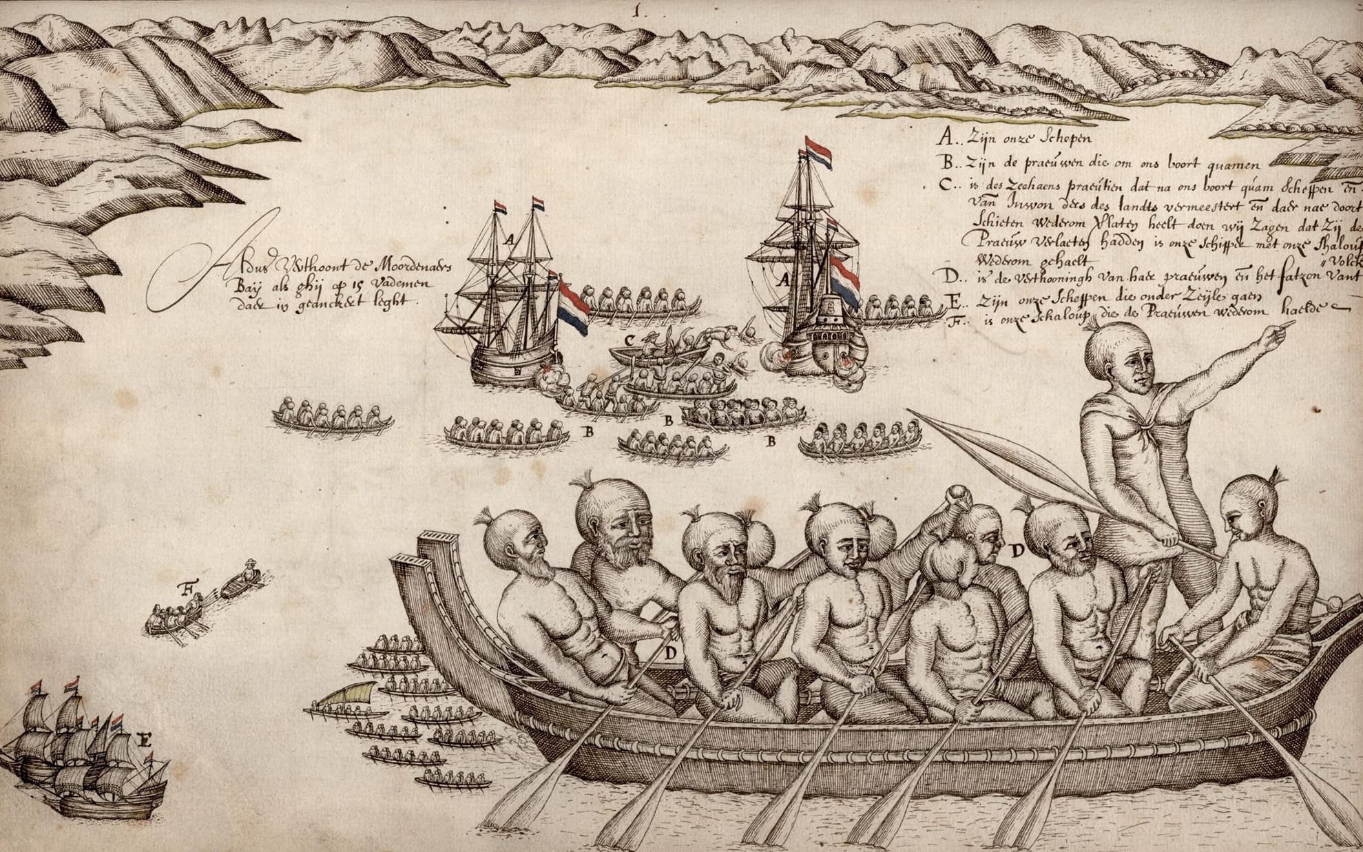 The earliest image of Golden Bay/Mohua and of Maori.The drawing records the events of 18/19 December 1642, when Tasman's ships anchored and tried to establish communication with the local people.