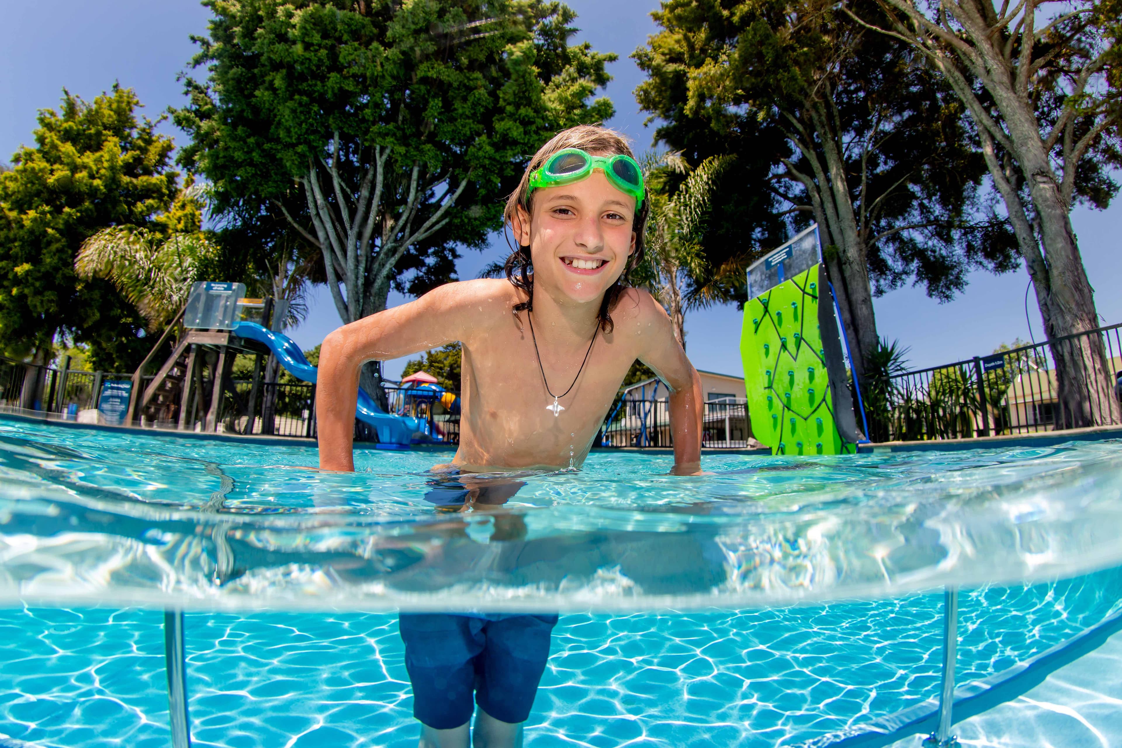 We have a pool with a climbing wall.