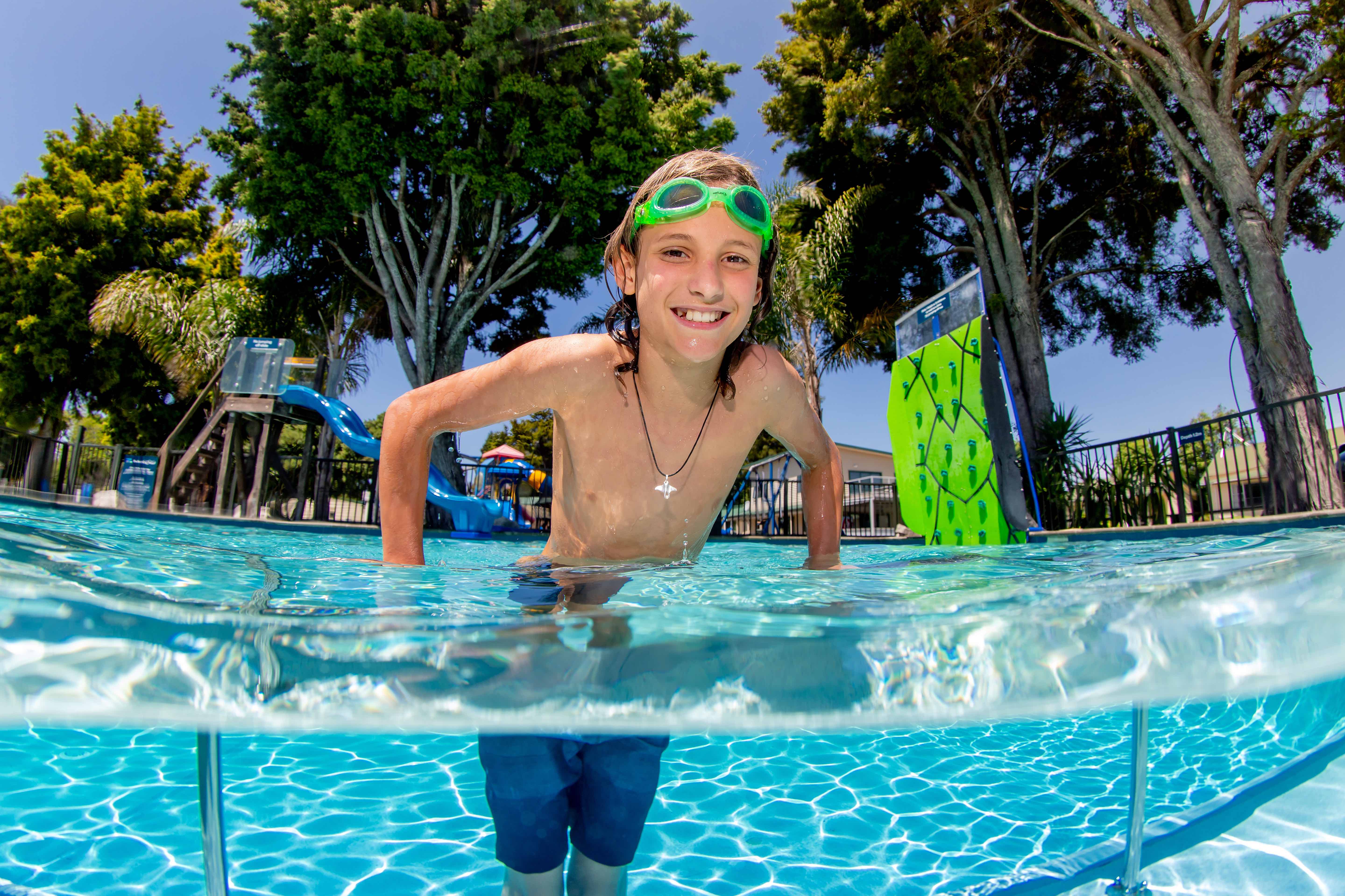 We have a pool with a climbing wall.